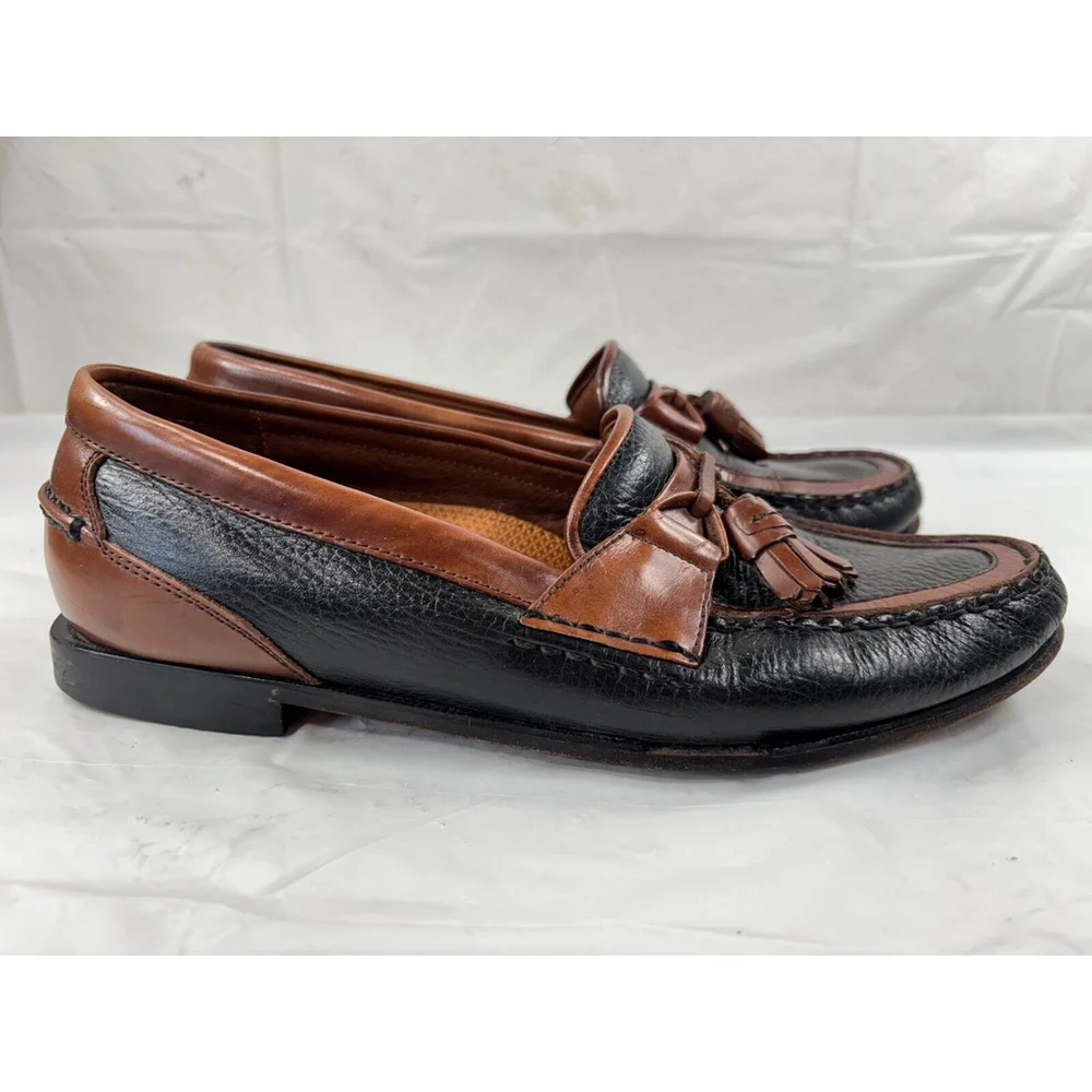 Florsheim Men Loafers Tassel Sz 10 D Leather Black Pebble-Grain Brown Trim Shoes
